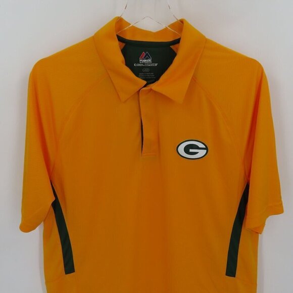 Majestic Mens Large Green Bay Packers Yellow Green Polo Shirt Cool Base Collared - Picture 2 of 10